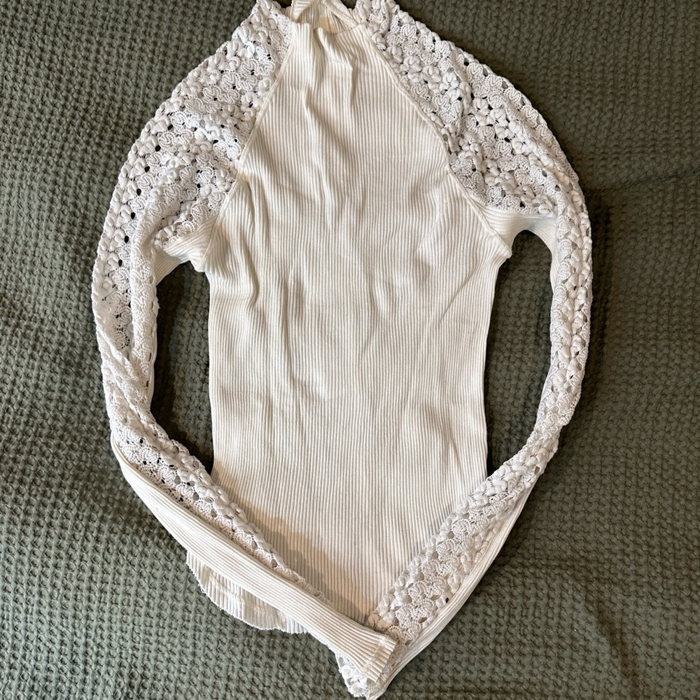 Free People Cream Asymmetrical Ribbed Bodysuit